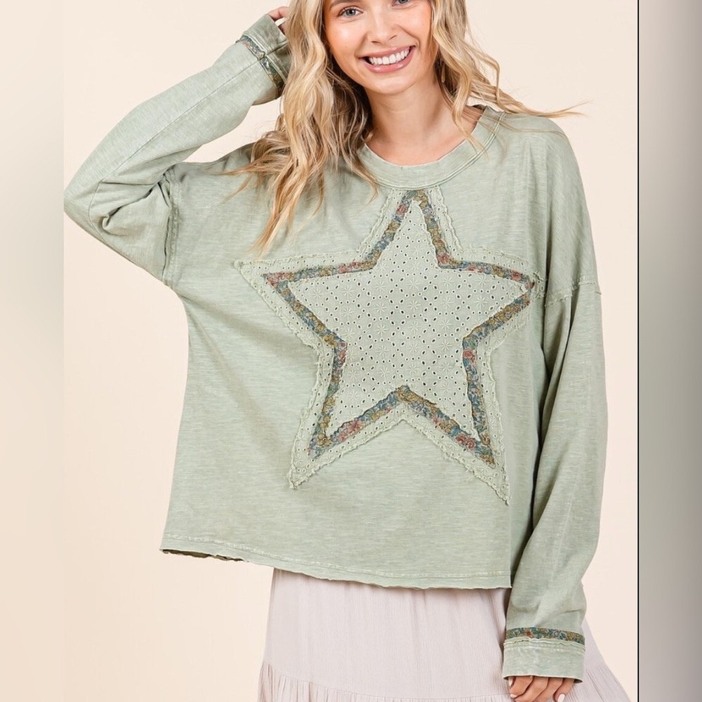 NWT Mittoshop Sage Mineral Wash Star Patch Long Sleeve Cotton Eyelet Top